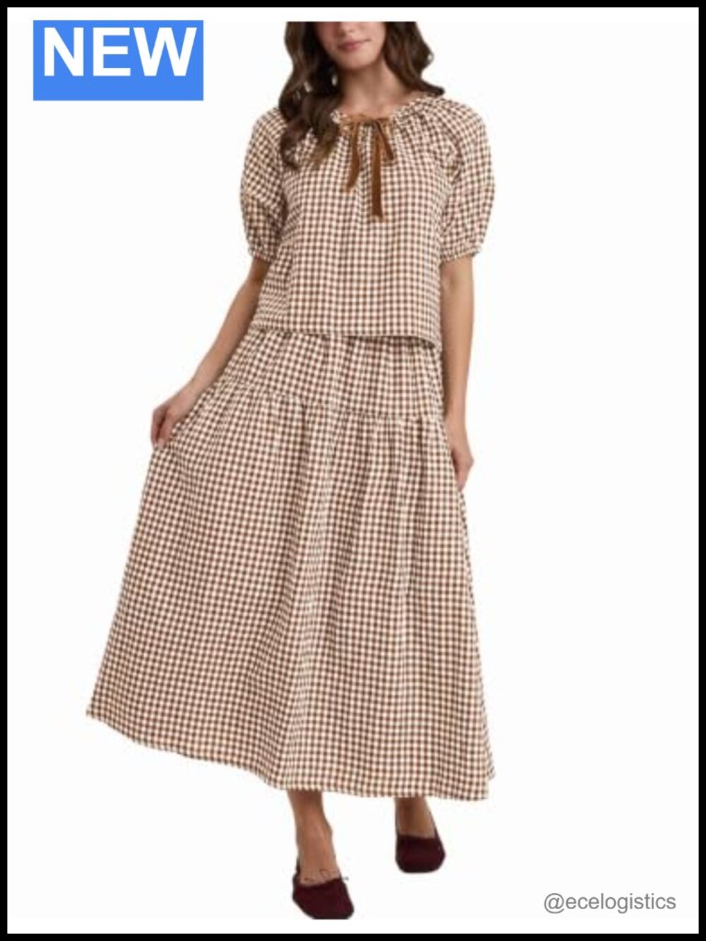 Women's Gingham 2 Piece Set Puff Sleeve Tie Top Midi Skirt